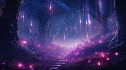Fototapeta premium Enchanted forest scene with pink glowing orbs on pathway. Dreamy nature.