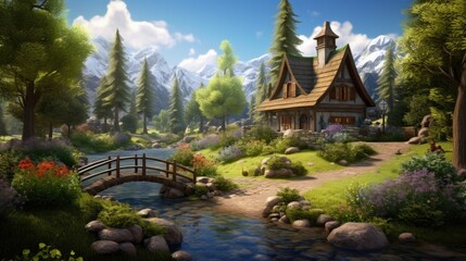 Quaint house nestled amid vibrant blooms, tall pines, overlooking pristine waters with stone bridges. Storybook settings and beauty.