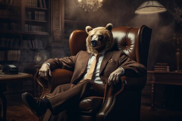 Bear like a human in suit sitting on the armchair. Trading stock market concept