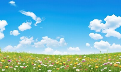Beautiful spring meadow with flowers and blue sky. Nature background with free space for text.