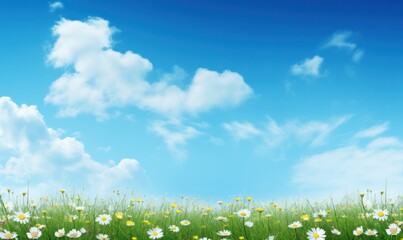 field of daisies on a background of blue sky with clouds with free space for text.