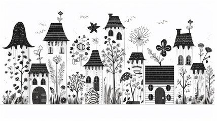 doodle black and white illustration outline of small houses for children's coloring, empty silhouettes of fictional abstract fairy-tale small houses