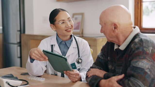 Doctor, old man or patient tablet talk for online test results, advice or healthcare report. Medical professional, male person or touch screen consultation for hospital support, smile or good news