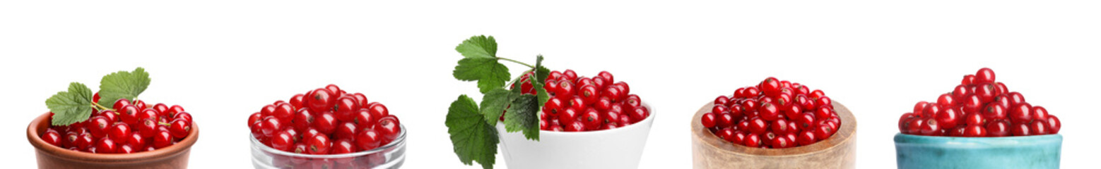 Ripe red currants in bowls isolated on white, set