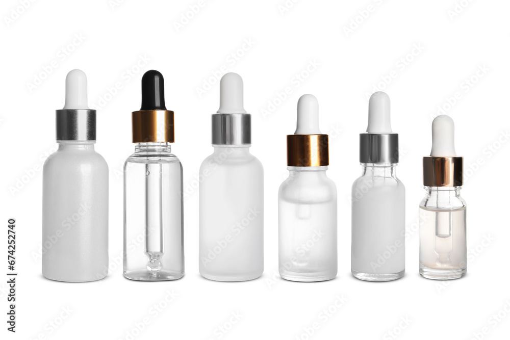 Sticker Serums in different bottles isolated on white, collection