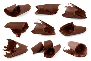 Many chocolate curls isolated on white, collection