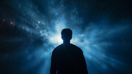 silhouette of a guy, a man view from the back against a background of blue fog and rays of light, a fictional character computer graphics - obrazy, fototapety, plakaty