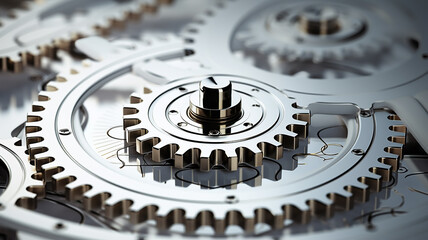 white gears, teamwork business abstract background texture a lot of gears complex mechanics mechanism work, light metal or plastic