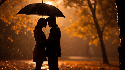 autumn evening in a rainy park lovers with an umbrella, silhouette of a couple on a walk