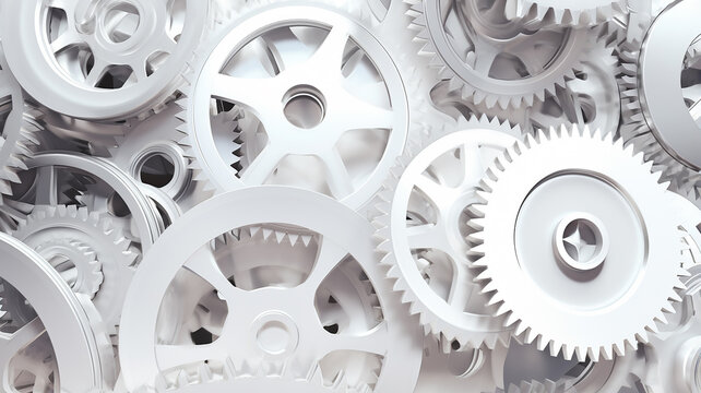 white gears, teamwork business abstract background texture a lot of gears complex mechanics mechanism work, light metal or plastic