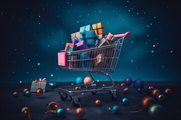 Colorful gift boxes in shopping cart with confettiBlack friday sale and online shopping. - obrazy, fototapety, plakaty