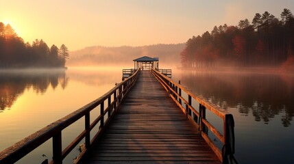 Obraz premium Tranquil Sunrise over Misty Forest Lake generated by AI tool 
