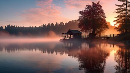 Fototapeta premium A solitary wooden cabin sits peacefully along the misty shoreline of a serene lake at sunrise for nature and travel marketing materials.