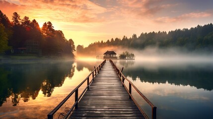 Tranquil Sunrise over Misty Forest Lake generated by AI tool 