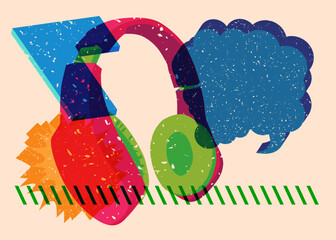 Risograph Headset with speech bubble and geometric shapes. Audio speaker, objects in trendy riso graph print texture style design with geometry elements.