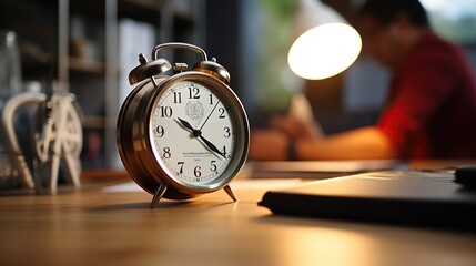 Alarm clock on table near business man working on laptop, meeting discussion people or team background, time management concept, focused on alarm clock