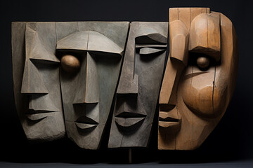Peoples diversity sculpture, Different types of wooden faces. AI Generated.