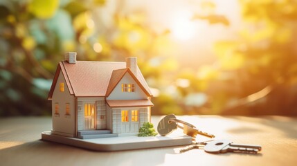 Mini wood house model and keys on table with sunset background. Planning to buy property. illustration.