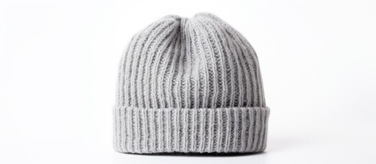 A hat for women specifically a knitted one is seen alone on a white background and appears gray in color