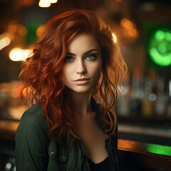 Young and beautiful woman, redhead with light eyes. She is sitting in a bar. She expresses a serene and sensual look. She is dressed in green. Saint Patrick's Day celebration concept - obrazy, fototapety, plakaty