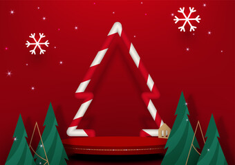 Stage podium for product show with Christmas festive elements on red background. Vector illustration.