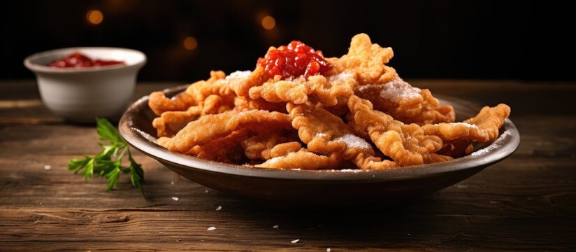On a rustic kitchen table there are crunchy pork skins topped with tangy red salsa