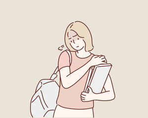 Upset woman with Heavy Backpack. Hand drawn style vector design illustrations.