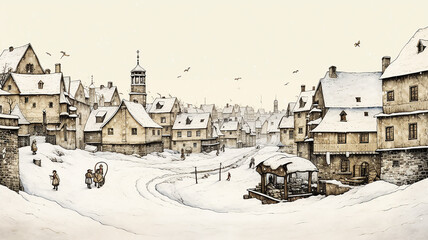 medieval city in winter, a picture of historical life in the style of old masters, engraving, painting on paper ink and ink