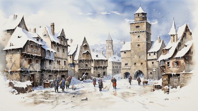 medieval city in winter, a picture of historical life in the style of old masters, engraving, painting on paper ink and ink