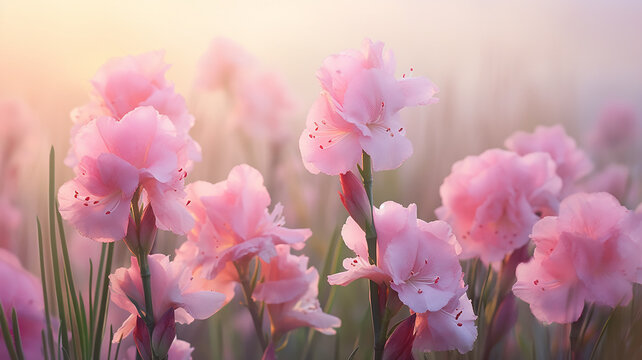 pink flowers nature background gladioli, delicate pastel colors, landscape field of flowers