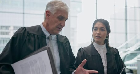 Judge team, conversation and corporate people with networking, management and contract. Teamwork, lawyer and woman with senior man and legal work at attorney company with case document and paperwork