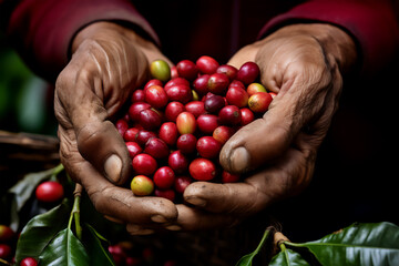 Hands holding fresh coffee berries, close-up coffee beans in hands of a senior farmer - obrazy, fototapety, plakaty