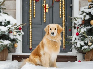 Golden Retriever sitting on house front door on Christmas. Xmas seasonal holiday decoration. Winter season