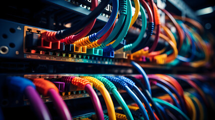 A close-up shot of networking cable management in the server room, - obrazy, fototapety, plakaty