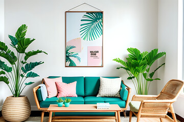Living room interior with mock up vertical poster frame, pastel blue sofa, wooden consola, rattan chairs, plants. Side view