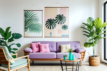 Living room interior with two mock up poster frame, pastel blue sofa, wooden consola, rattan chairs, plants
