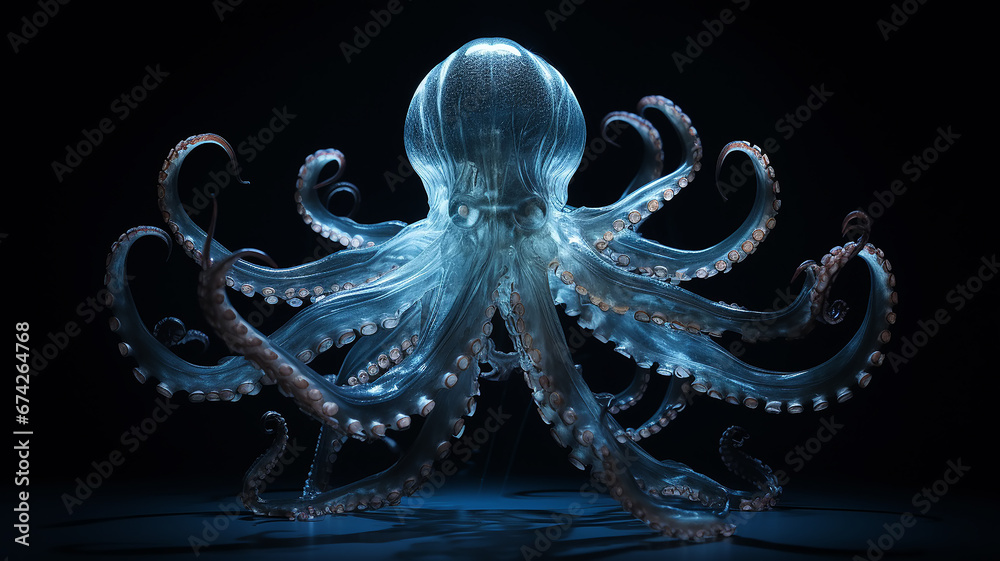 Wall mural octopus kraken, a fictional deep-sea luminous transparent creature, light ocean depth, layer for overlay isolated on a black background