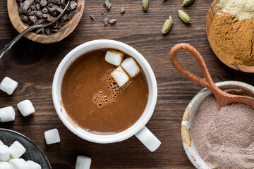 Above view looking into a mug of hot cocoa with ingredients to make it around.