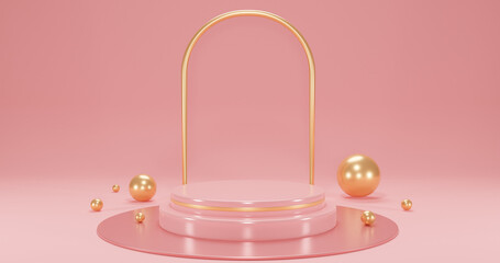 pink product podium with pearls on pink background