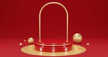 red product podium with pearls on red background