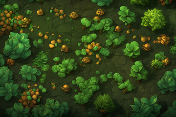 top down illustrated asset of a forest bush environment, material texture