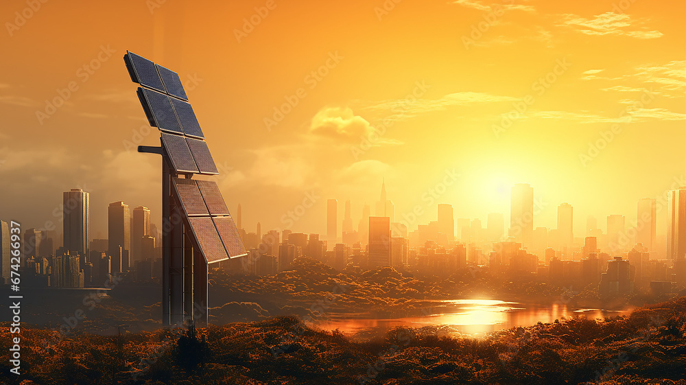 Wall mural solar panels in the fog at sunset, the technology of the future futuristic landscape renewable energ