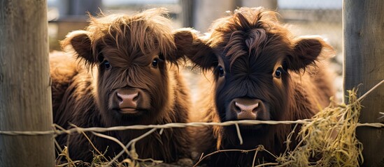 A pair of young yaks feeding in an enclosure