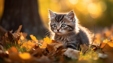 Naklejka na ściany i meble A Cute kitten playing with yellow autumn leaves at sunset. the backyard The background of the photo is a relaxing environment in the backyard.