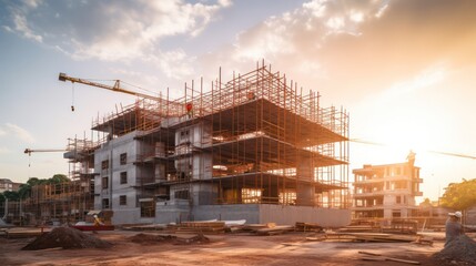 Fototapeta premium Construction background: A Construction site of large residential commercial building, some already built, large metal structure with bright sky background.