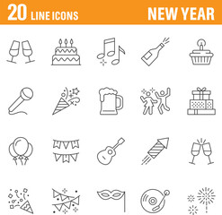 New Year line icon set
