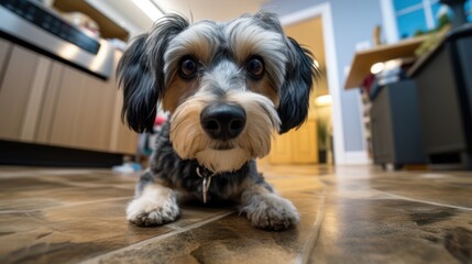 Naklejka na ściany i meble A dog sits on the kitchen floor looking at you pleadingly. Fish-eye lens. High-angle camera.