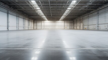 A Empty warehouse with concrete floor inside industrial building Use it as a large factory, warehouse, hangar or factory. Modern interior with steel structure with space for an industrial background.