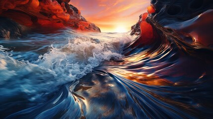 An The beauty of the abstract waves in the colorful river and sea meet during the high and low tides. - obrazy, fototapety, plakaty