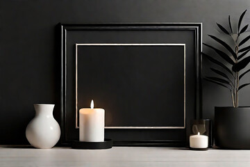 Vertical frame mockup and candle black console, black wall background.